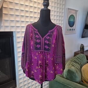 Rebecca Taylor 100% Silk Pink & Purple Floral Peasant Bohemian Blouse, Size 6